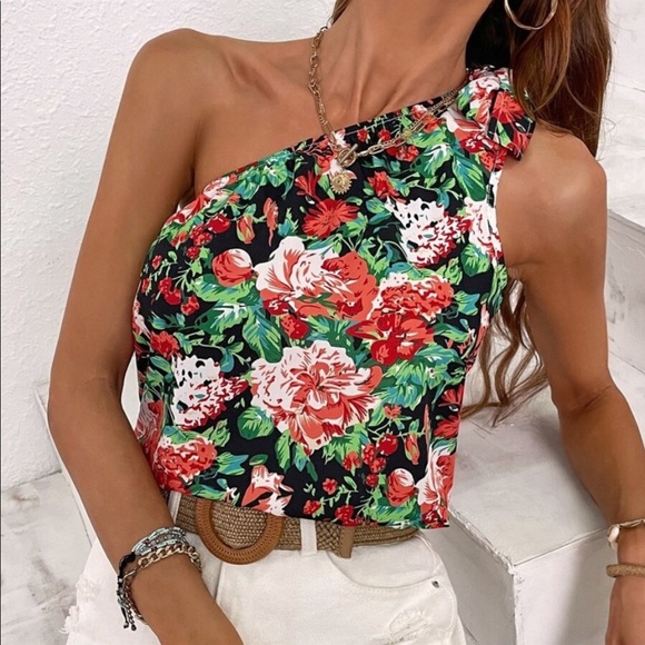 Boho Floral Print One Shoulder Top Blouse - Picture 15 of 15